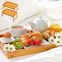 Plateau de lit en bambou personnalisé, lot de 2, avec pieds pliables, poignées et supports pour téléphone, plateau de petit-déjeuner