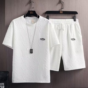 Ensemble 2 pièces T-shirt et <span class=keywords><strong>short</strong></span> en polycoton 180 GSM pour homme, coupe décontractée, vente en gros, décontracté, été, personnalisable OEM - Product Image 1