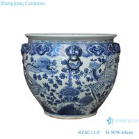 Grand pot en céramique RZSC13-C bleu et blanc avec motif de dragon et de phénix