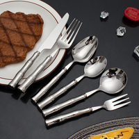 Couteau, cuillère et fourchette en acier inoxydable avec manche en céramique en forme de bambou, cuillère de table ronde, couverts