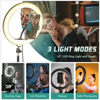 Lampu LED Ring 10 inci dengan Pengaturan Kecerahan, Pengisian Daya USB, Suhu Warna 3300-5600K, dan Penyangga Ponsel untuk Selfie