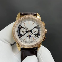 Montre automatique chronographe de luxe en or rose pour hommes, calendrier perpétuel, phase de lune, cristal saphir, analogique, lunette en diamant, cuir