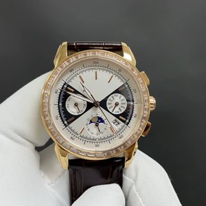Montre automatique chronographe de luxe en or rose pour homme, avec calendrier perpétuel, phases de lune, lunette sertie de diamants et bracelet en cuir - Product Image 4