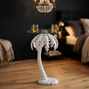 Table d'appoint en métal Palmier en laiton AK blanc fini avec verre rond pour meubles de café et de restaurant - Product Image 2