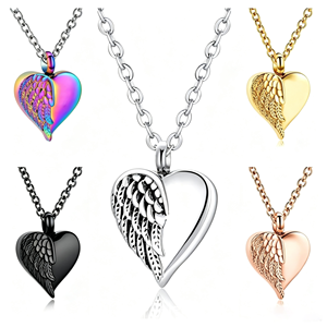 Kalung Hati Bentuk Sayap Malaikat dari Baja Anti Karat, Tempat Abu Kremasi, Liontin, Perhiasan Kenangan untuk Dipakai Sehari-hari - Product Image 1