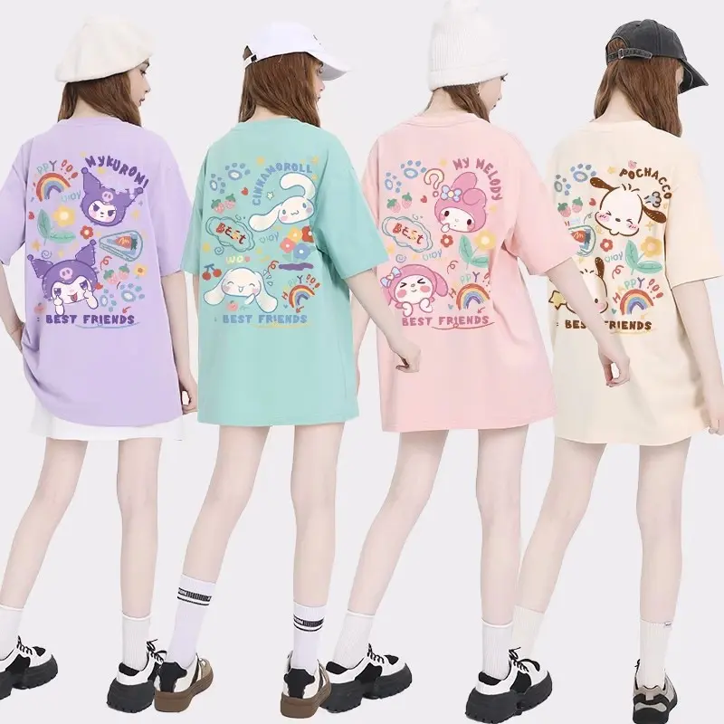 Popular japonés Sanrioed verano nueva camiseta Kawaii KT lindo estampado de dibujos animados Y2K salir manga corta dulce chicas refrescante Top