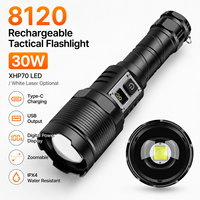 Lampe torche tactique rechargeable LED 30W XHP70, étanche IP44, faisceau réglable spot/diffuseur 1500m, zoom, affichage numérique, 5 modes