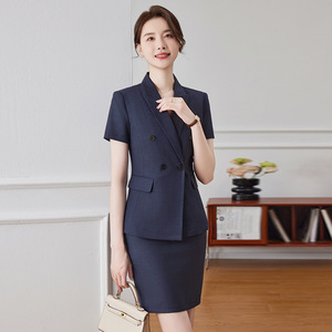 Women's Summer Short Sleeve Suit Set Dark Blue Slim Fit Office Lady <b>Work</b> Skirt Professional Front <b>Desk</b> Beauty Salon Reception - Product Image 1
