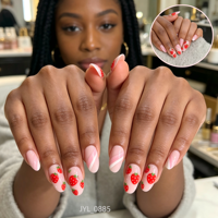 Ongles press-on de longueur moyenne, forme amande, imprimé fraise, en ABS, 24 pièces, faux ongles, pour salon de manucure