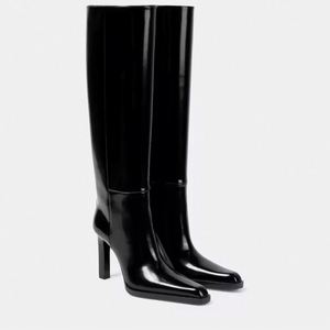 Botas Largas de Mujer de Alta Calidad, de Charol, por Encima de la Rodilla, Negras Brillantes, con Punta Cuadrada Pequeña y Tacón Grueso - Product Image 2