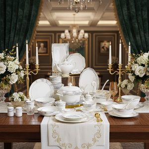 50-Piece Durable Luxury Bone China <b>Dinnerware</b> Set Scenic Pattern Gold Trim Europe Beijing Design Dishwasher Safe 7-9 User - Product Image 1