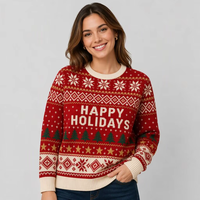 Sweater Natal Vintage Pria dengan Cetakan Huruf Happy Holidays, Motif Salju, Pohon Pinus, dan Rajutan Fair Isle, Pullover Natal.