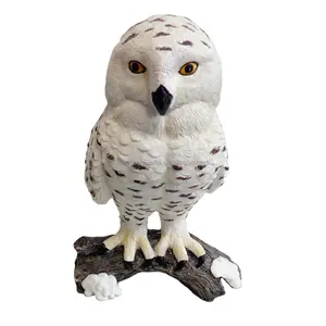 Snowy Owl Sculpture Perching on Branch Figurine Statue Made of Resin