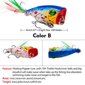 Leurre de pêche popper 43mm 4g 6 couleurs avec yeux 3D et hameçons à plumes triples, leurre de surface, appât dur - Product Image 5