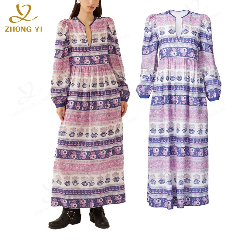 Üretici özel kadınlar Bohemian rahat pamuk karışımı baskılı v yaka uzun kollu elastik imparatorluk bel rahat Maxi elbise