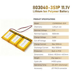 803040 3S Lipo Battery 11.1V 1000mAh LP803040 3S1P Lithium Ion Battery 11.1Wh 12V Li-Ion Battery Pack with PCB - Product Image 5