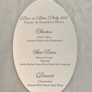 เมนูงานแต่งงานแบบกำหนดเอง เมนูอะคริลิคแบบกระจกเงาสำหรับใส่บนจาน การ์ดเมนูสลักเลเซอร์สำหรับงานแต่งงาน ตกแต่งโต๊ะอาหารค่ำ - Product Image 2