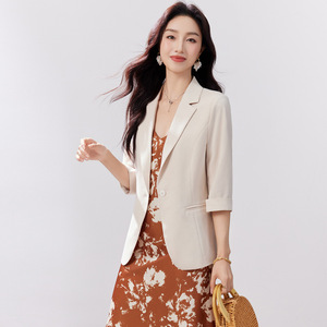 Pink Women's Blazer Three Quarter Sleeve Slim Fit Solid Color Summer Casual Chic Lightweight Jacket - Product Image 2