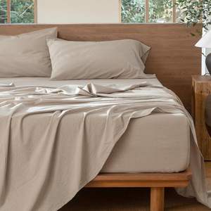 Juego de Sábanas de 4 Piezas para Cama Queen, 100% Algodón Lavado, Tejido Moderno, Color Beige, Transpirable, Suave <span class=keywords><strong>y</strong></span> Cómodo, para Hotel <span class=keywords><strong>y</strong></span> Hogar - Product Image 4