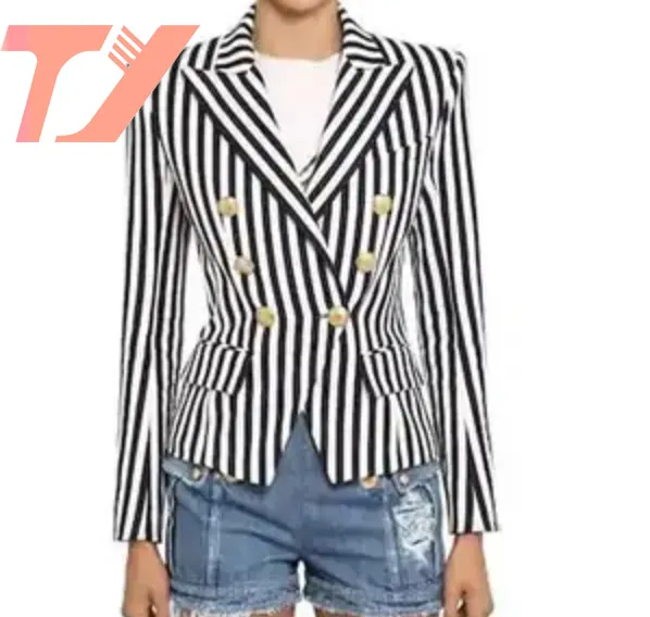 Terno jaqueta TUOYI feminino Plus Size mangas compridas listra clássica equipado terno Double Breasted Metal leão cabeça fivela Blazer
