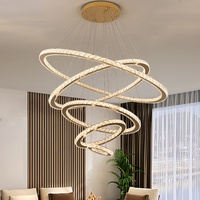 Lustre moderne minimaliste en acier inoxydable à 5 anneaux et suspension en cristal à LED pour villa, salon, salle à manger, chambre à coucher
