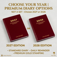 Agenda quotidien standard OEM Premium 2027 ou 2028, reliure filée, couverture rigide, 180 pages °   Planificateur annuel à poser à plat 12 mois