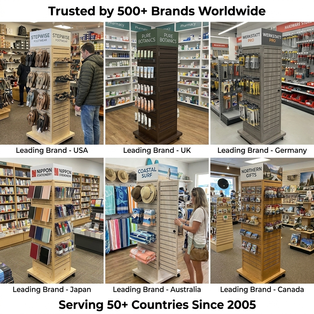 Custom Movable Light Wood Slatwall Sandal Display Rack with Casters Floor Standing Retail Footwear Display Stand for Shop — view 6