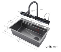 Ensemble de robinetterie de cuisine 30 pouces gris anthracite moderne carré avec pulvérisateur extractible Nano, cascade, affichage LED, rince-verre, monotrou à montage supérieur