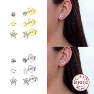 Nouvelles boucles d'oreilles clous en argent S925, style étoile et rond, collection mini bijoux tendance - Product Image 5