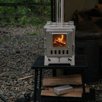 Poêle de tente portable à bois en gros avec cheminée, porte en verre métallique brossé, grilles pliantes, équipement de cuisson pour le camping