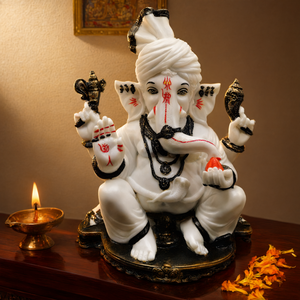 Statue de Ganesha Pagdi en blanc pur, 12 pouces, idole Ganpati Ganesha pour la fête de Chaturthi, figurine en résine. - Product Image 3