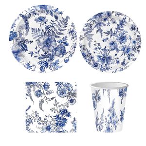 Juego de Vajilla Desechable DAMAI con Diseño de Flores Azules y Blancas, Incluye Platos, Vasos y Servilletas para Decoración de Bodas y Fiestas de Cumpleaños - Product Image 3