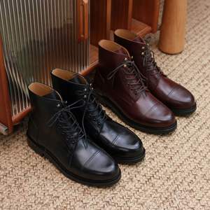 Bottes pour hommes de style rétro anglais, tendance et polyvalentes, à lacets, en cuir véritable, décontractées, montantes, de travail, plissées - Product Image 1