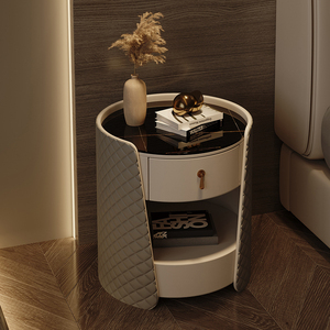 Italian Minimalist <strong>Round</strong> Nightstand Genuine Leather Cabinet with Sintered Stone Top Bedroom Luxury Solid Wood <strong>Bedside</strong> <strong>Table</strong> - Product Image 4