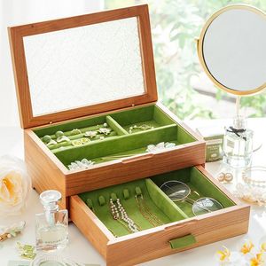 Boîte à bijoux en bois massif avec couvercle en verre, grande capacité, tiroir double couche, boîte à bijoux exquise haut de gamme - Product Image 3