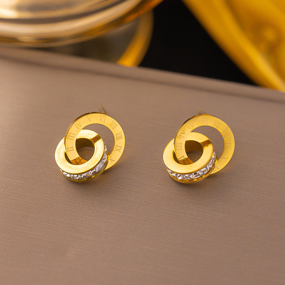 Earrings Gold Double Ring Full Diamond