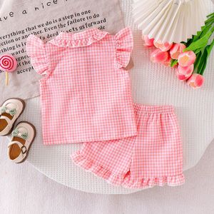 Ensemble 2 pièces léger et respirant pour petites filles, motif gingham, haut à manches volantées et revers, <span class=keywords><strong>short</strong></span> à taille élastique pour l'été et les jeux quotidiens - Product Image 3