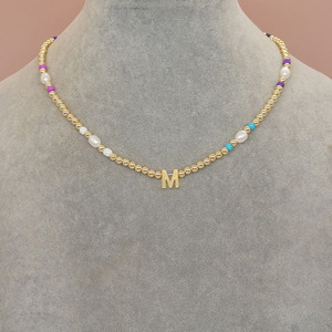 N,1286 Dainty Tiny Rainbow Seed Beads perle espacée et boule d'or perlée plaqué or 18k Alphabet lettre <span class=keywords><strong>initiale</strong></span> Charm Necklace - Product Image 2
