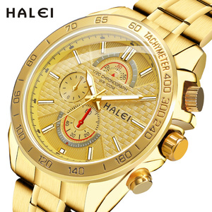 นาฬิกาข้อมือผู้ชาย HALEI สีทอง ของแท้ใหม่ ระบบควอตซ์ พร้อมมาตรวัดความเร็วและมาตรวัดการไหล กันน้ำ 3BAR เครื่องญี่ปุ่น ขายส่งแบบดรอปชิปปิ้ง - Product Image 1