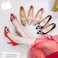 Escarpins à talons aiguilles en daim pour femme, pointure 33-43, avec boucle carrée ornée de strass, à enfiler, pour mariage et cérémonie