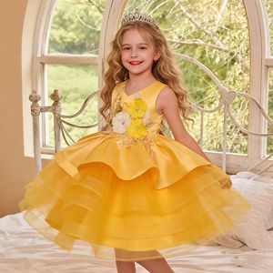 Robe de mariée pour enfants, style princesse, ligne A, jupe tutu multicouche en maille, col rond, fibre de polyester, bleu, rose, jaune, violet, pastèque - Product Image 3