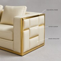 Modernes PU-Leder Sofa-Set Wohnzimmer 3-Sitzer 2 Sessel Goldener Metallrahmen Quadratisch Gesteppt Hotel-Lobby-Möbel
