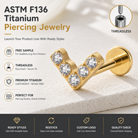JiaXin ASTM-F136 G23 Titanio Push Pin Sin Rosca para Labret, Medusa, Forward Helix, Lobe, Flor, Circonita Cúbica, Joyería Corporal 16G