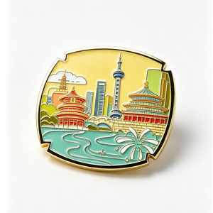 Badge en émail dur 2D personnalisé avec l'image de la silhouette de la ville, plaqué or, en métal, imprimé UV, emblème souvenir pour cadeau de voyage - Product Image 4