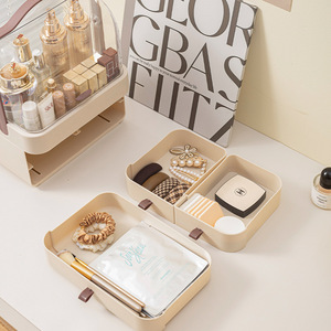 Boîte de rangement cosmétique, organiseur de bureau avec tiroirs, organiseur de maquillage en plastique crème et marron pour soins de la peau et rouges à lèvres - Product Image 3