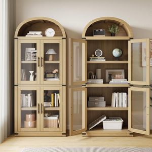Vitrine en bois de 71,4 pouces de haut en chêne clair Portes d'étagère arquées Bibliothèques arrondies de <span class=keywords><strong>profondeur</strong></span> 15,83 pouces pour salon de ferme - Product Image 1