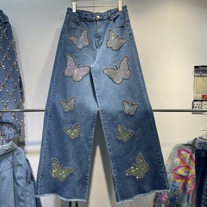 Boutique 2025 <span class=keywords><strong>Jeans</strong></span> Baggy da <span class=keywords><strong>Donna</strong></span> in Denim a Vita Alta con Perline a Forma di Farfalla Design Vintage e alla Moda per l'Estate 2025 - Product Image 2