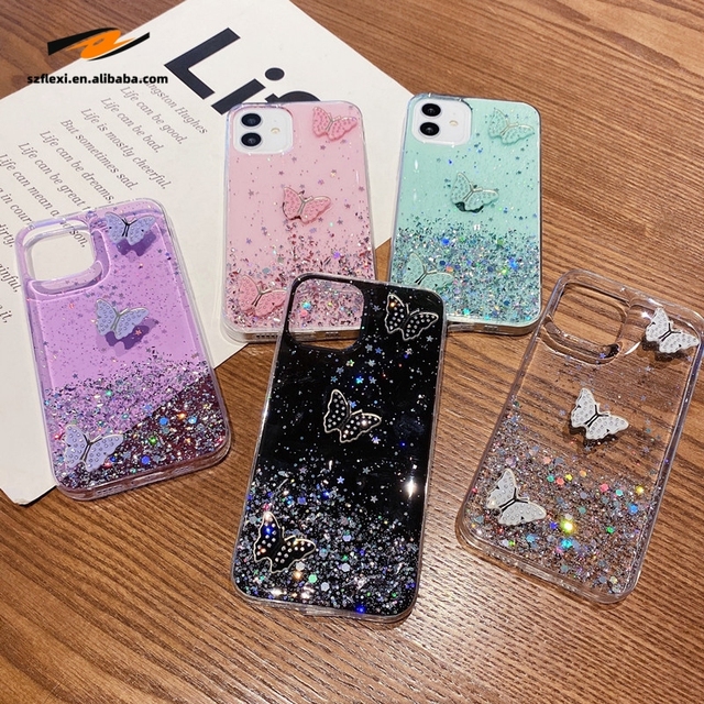 3D Rhinestone Butterfly Bling Glitter Clear Soft TPU Phone Case for Iphone 16 15 14 13 Pro 12 11 Max Plus