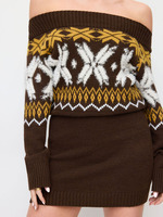 Robe pull mini Joydressing à épaules dénudées en tricot Fair Isle, jacquard géométrique marron pour femme, vente en gros, broderie personnalisée