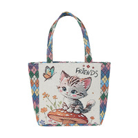 Sac fourre-tout en toile brodé jacquard style ethnique vintage avec chat sur champignon et fil doré, petit sac à main décontracté tissé